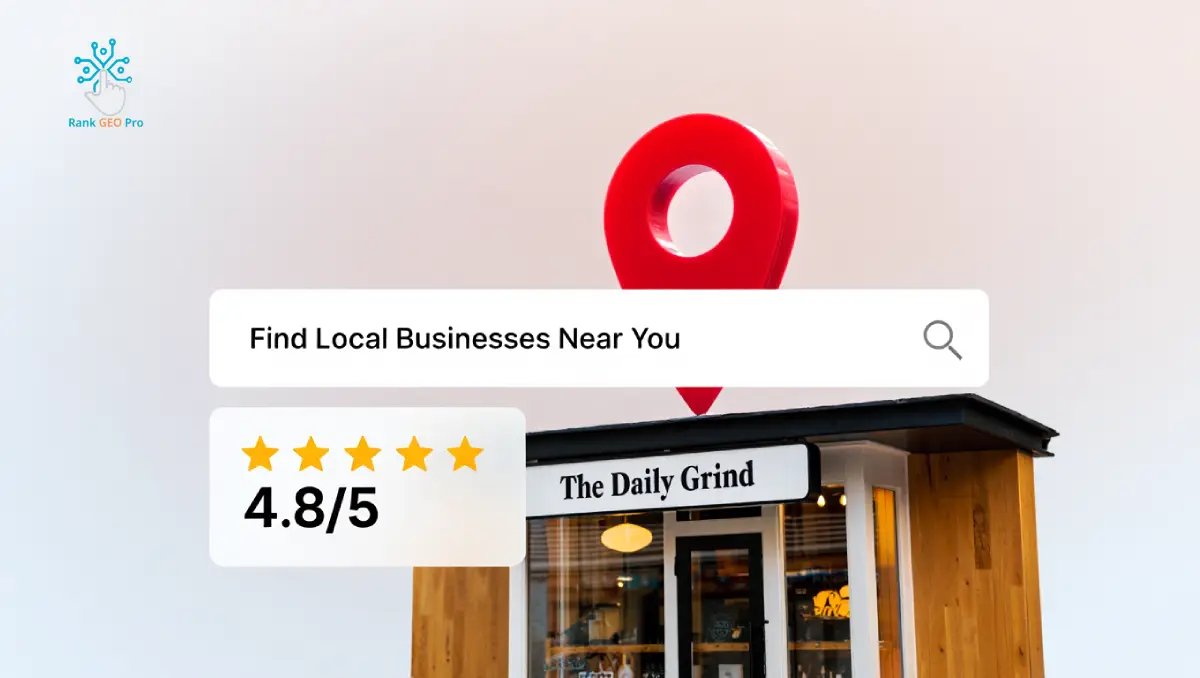 Local coffee shop with a map pin on the window - small business AI optimization visual